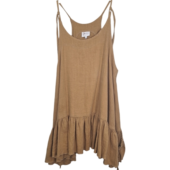 Heart's Desire Dresses & Skirts - 100% Linen Heart's Desire by Mary Grace L Tan Strap Ruffle Dress w Pockets